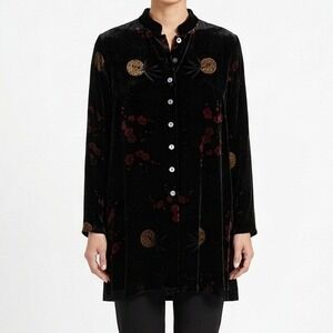 Chicos Silk Velvet Tunic Top Sz 0 S Asian Floral Button Front Mandarin Collar